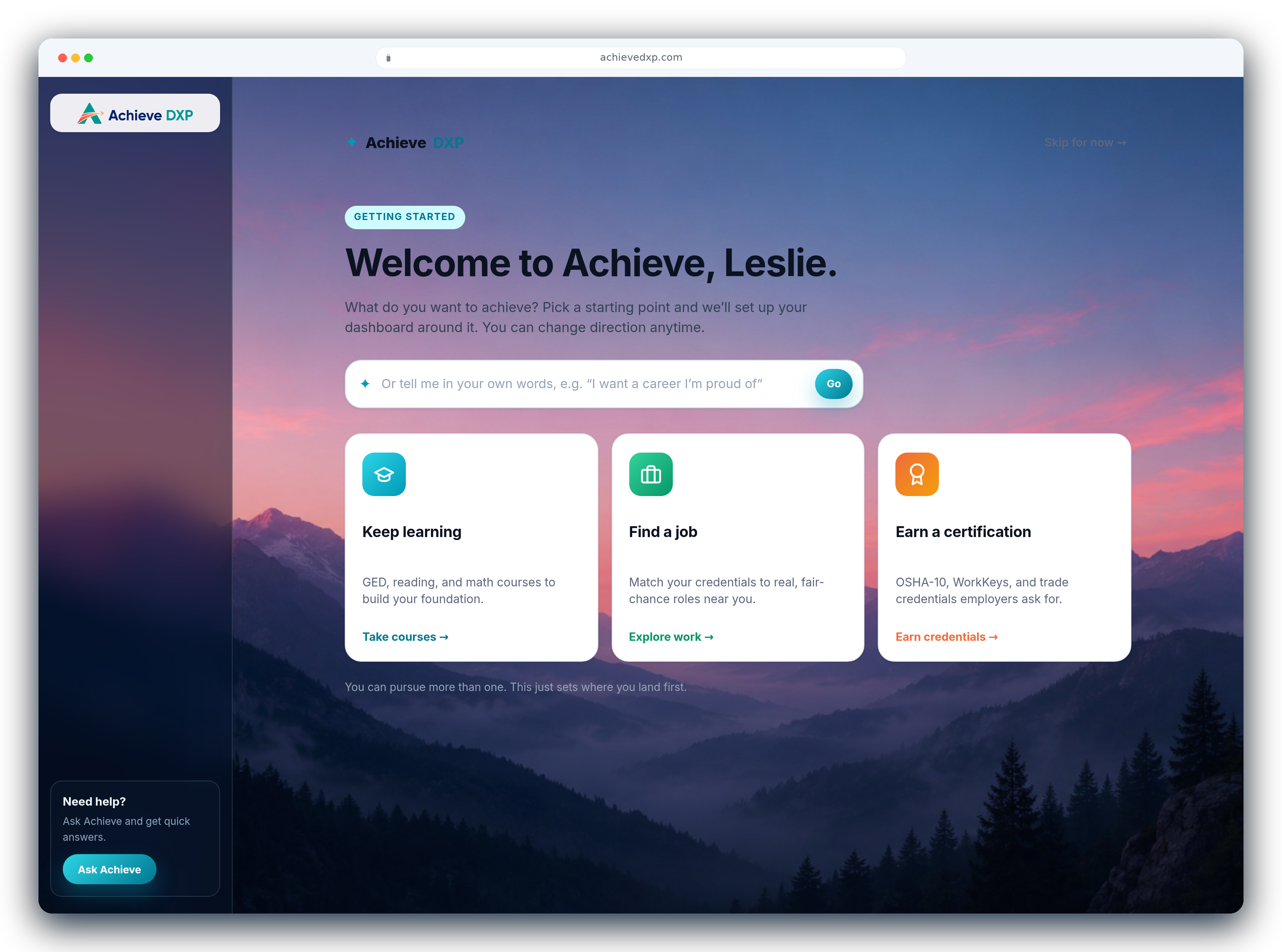 AchieveDXP: a learner's personalized starting point — keep learning, find a job, or earn a certification