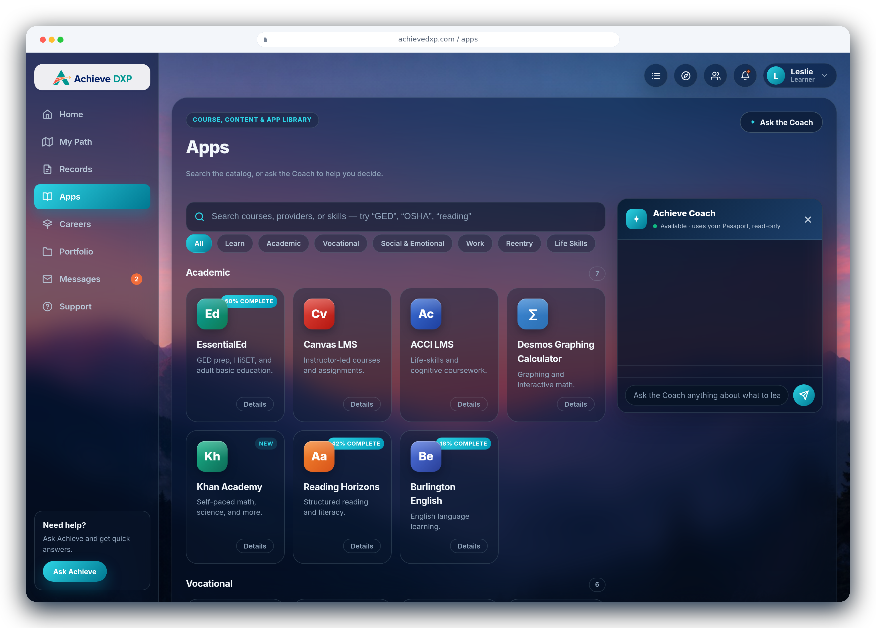 AchieveDXP course, content and app library: a searchable catalog of academic, vocational, social-emotional, work, reentry and life-skills content, with an AI Coach to help learners choose