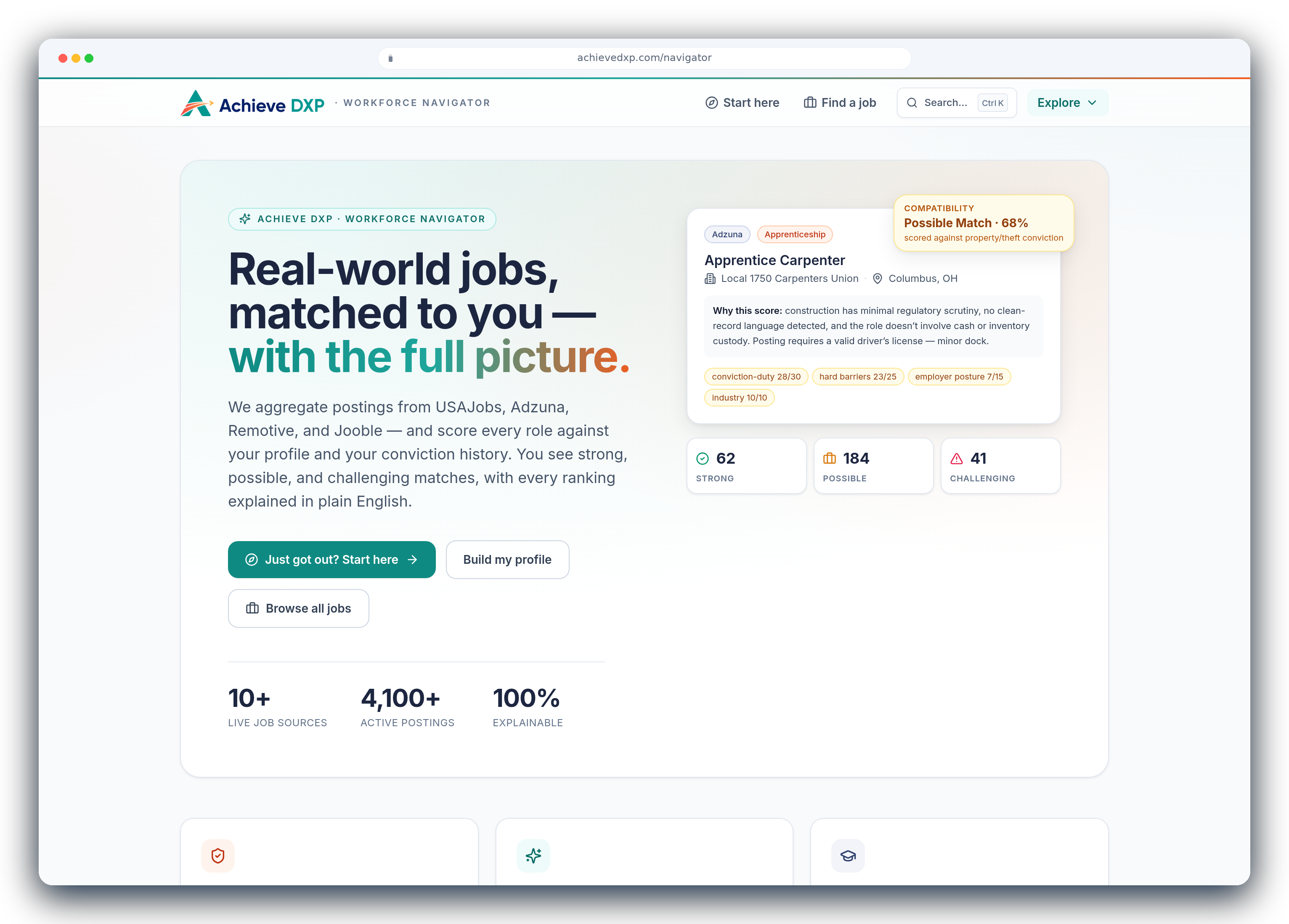 Achieve Navigator: real jobs matched to a learner and scored against their profile, with every ranking explained in plain English