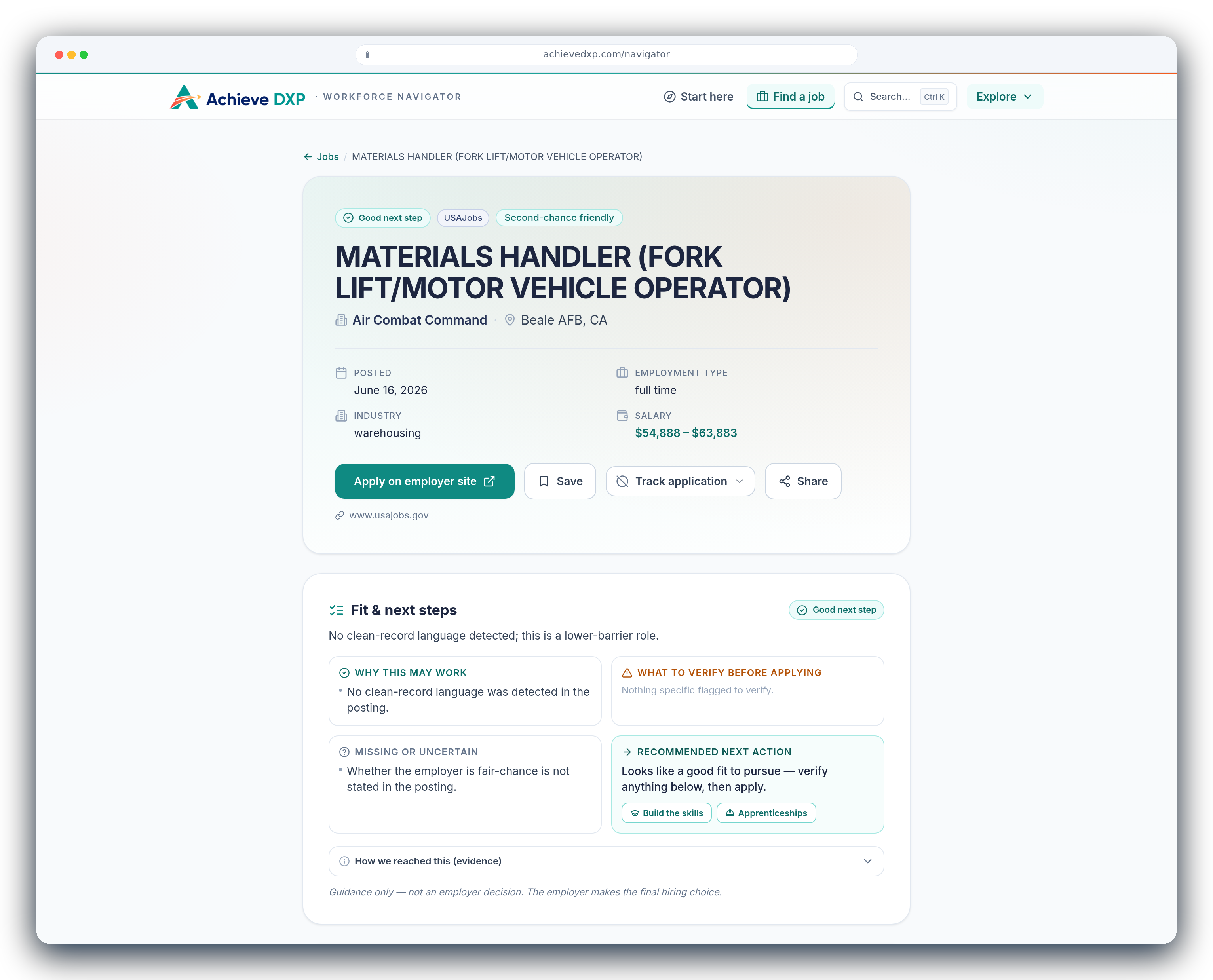 A Achieve Navigator job detail: Materials Handler role with a Fit & next steps breakdown explaining why it may work, what to verify, and the recommended next action